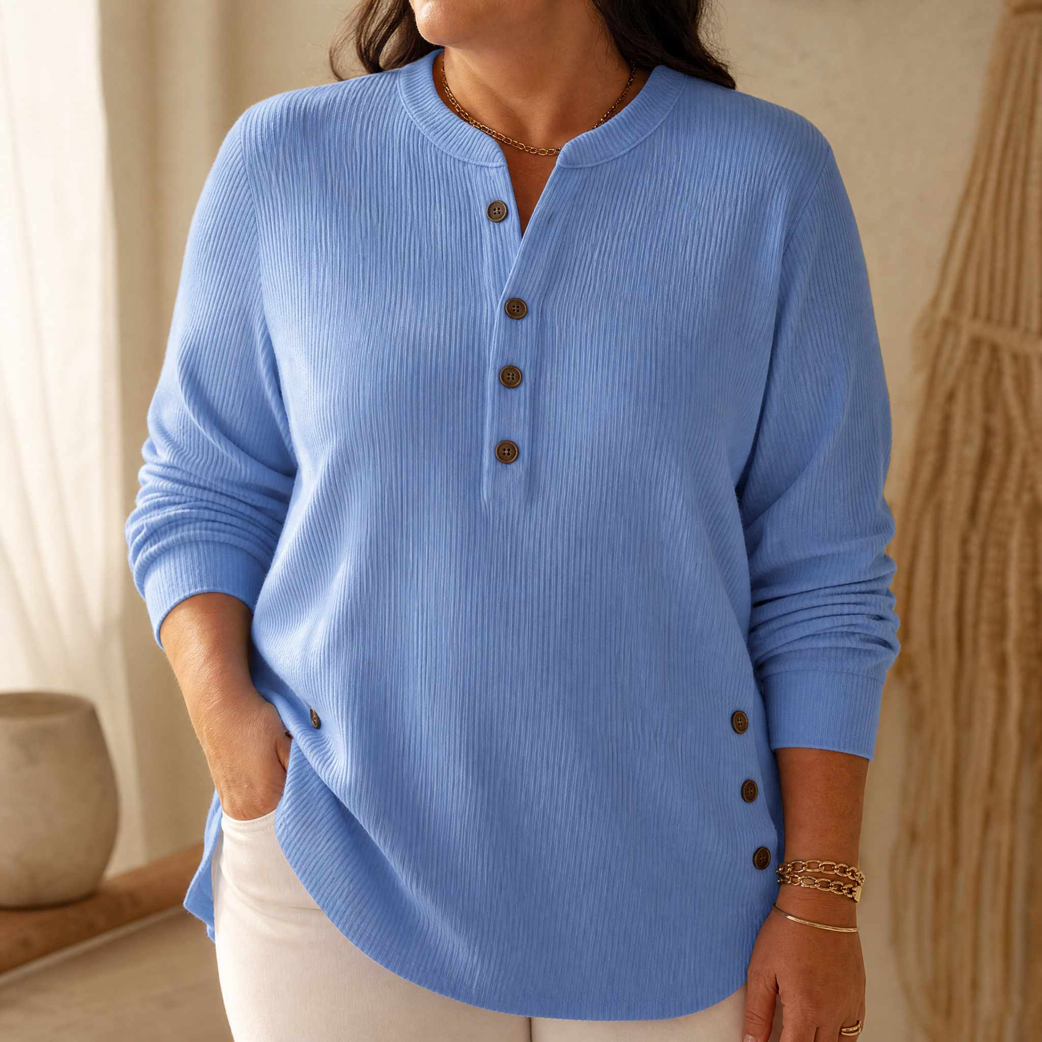 Lunavia - Ribbed Button-Up Henley Tunic