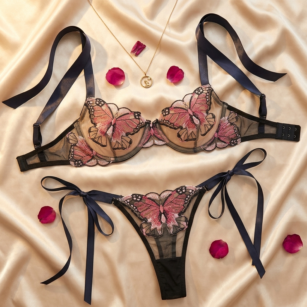 Fiorelle – Butterfly Embroidered Mesh Lingerie Set