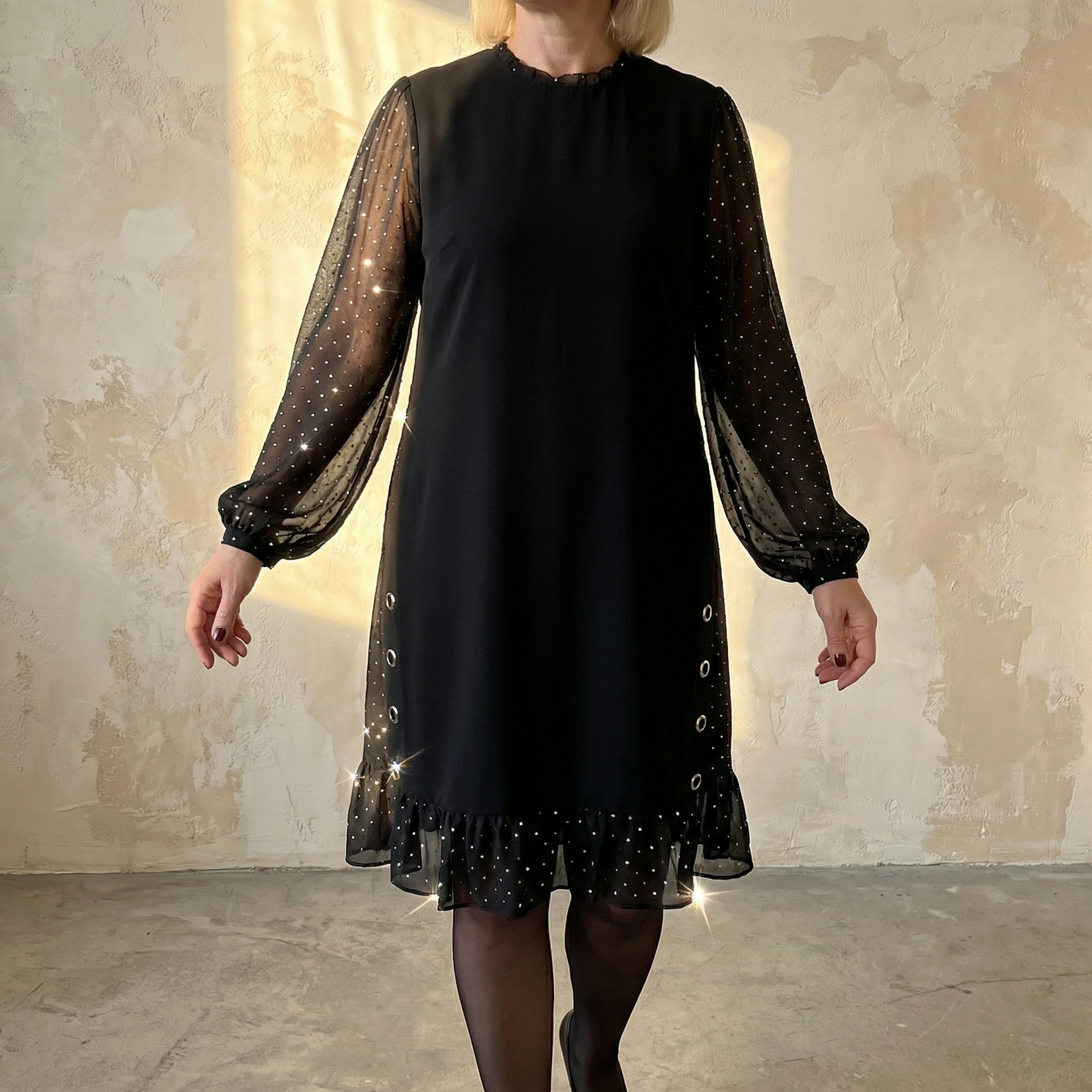 Lumiveil – Rhinestone Mesh Sleeve Dress with Ruffle Hem