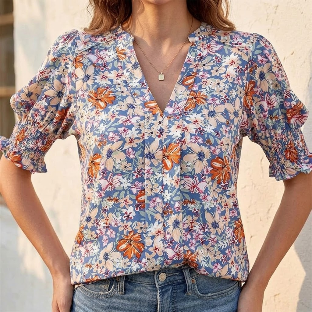 Florenza – Women's Floral Puff Sleeve V-Neck Blouse