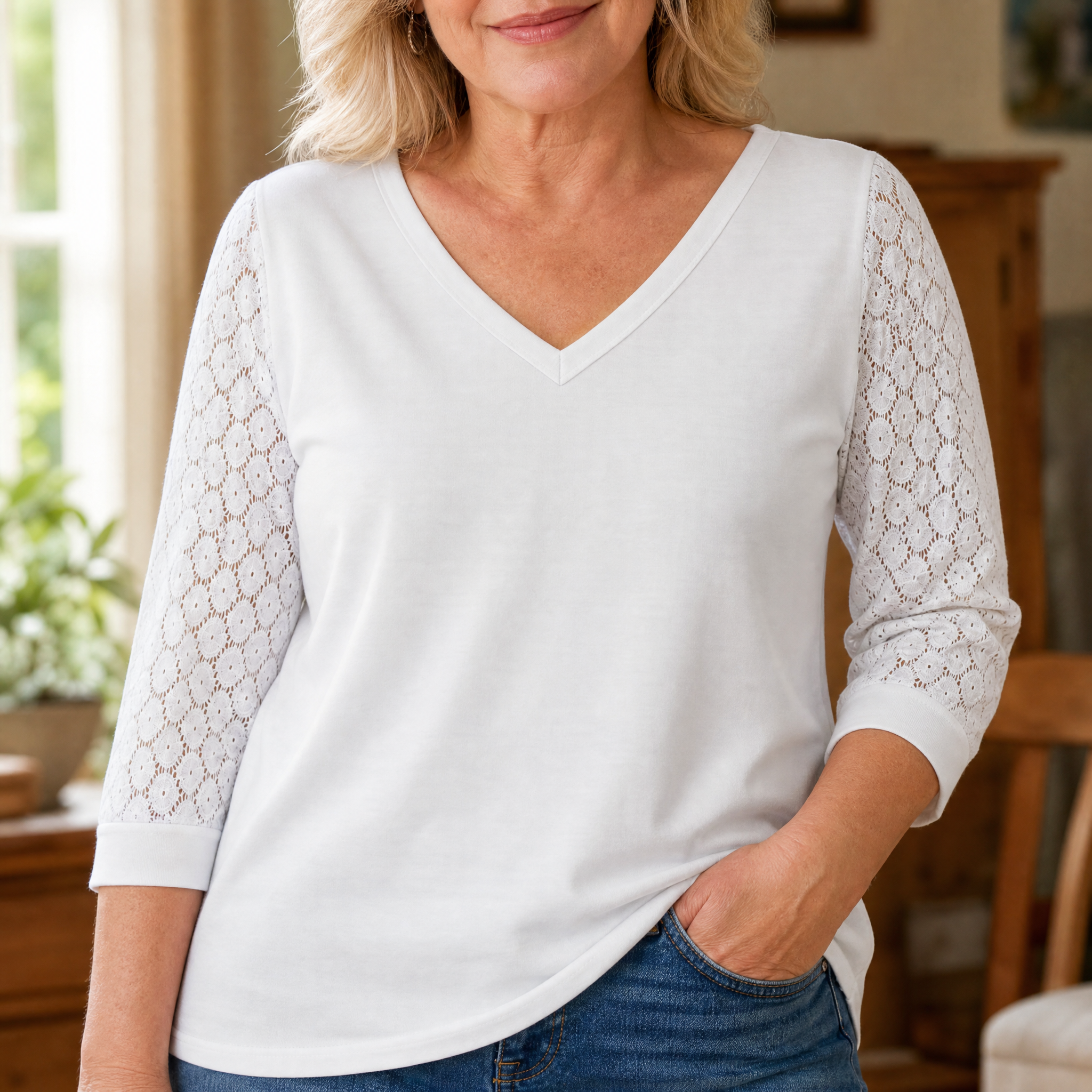 Lumeya – Crochet Lace Sleeve V-Neck Top