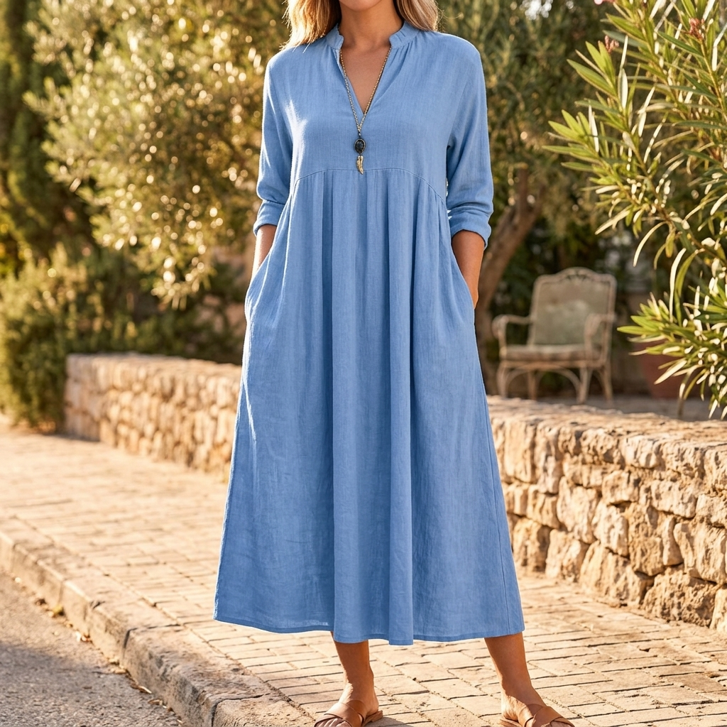 Elara – Women's Soft Cotton Midi Dress with Pockets