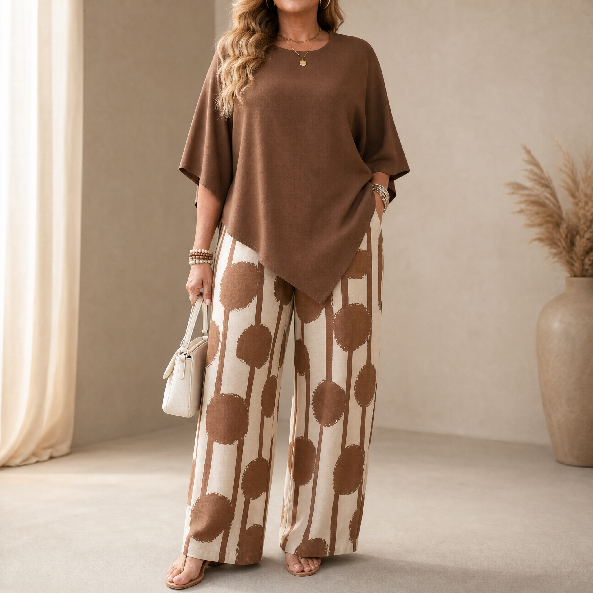 Luna – Women's Asymmetric Drape 2-Piece Set with Wide-Leg Print Pants