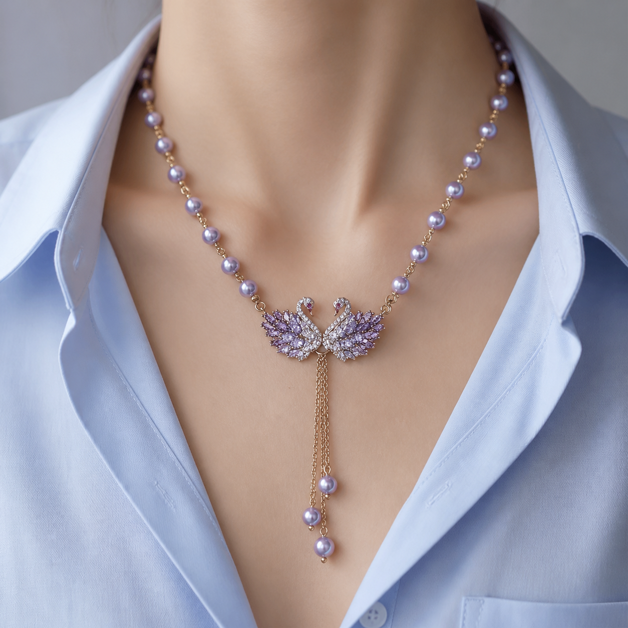 Lunabelle – Twin-Swan Pearl Tassel Necklace