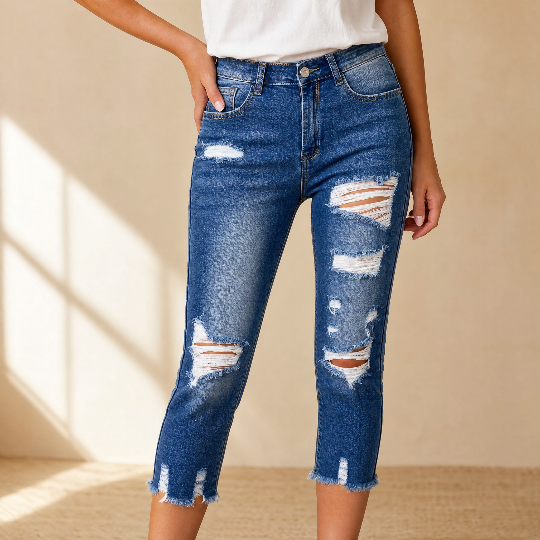 Delina – Women's Soft Cotton Frayed-Hem Capri Jeans