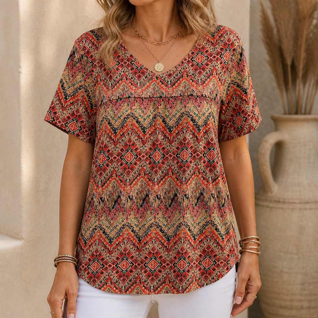 Draveil – Pleated V-Neck Printed Short-Sleeve Top