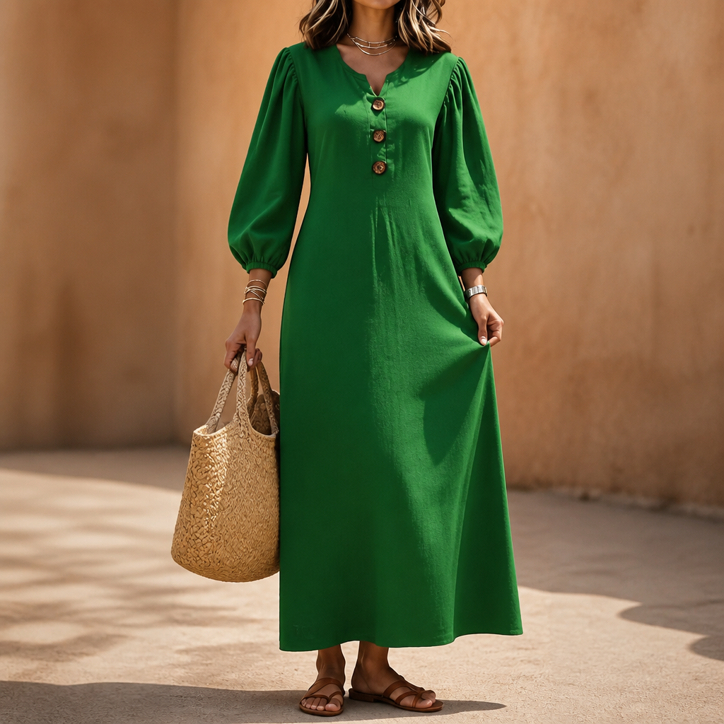 Everdrape – V-Neck Puff Sleeve Pocketed Maxi Dress