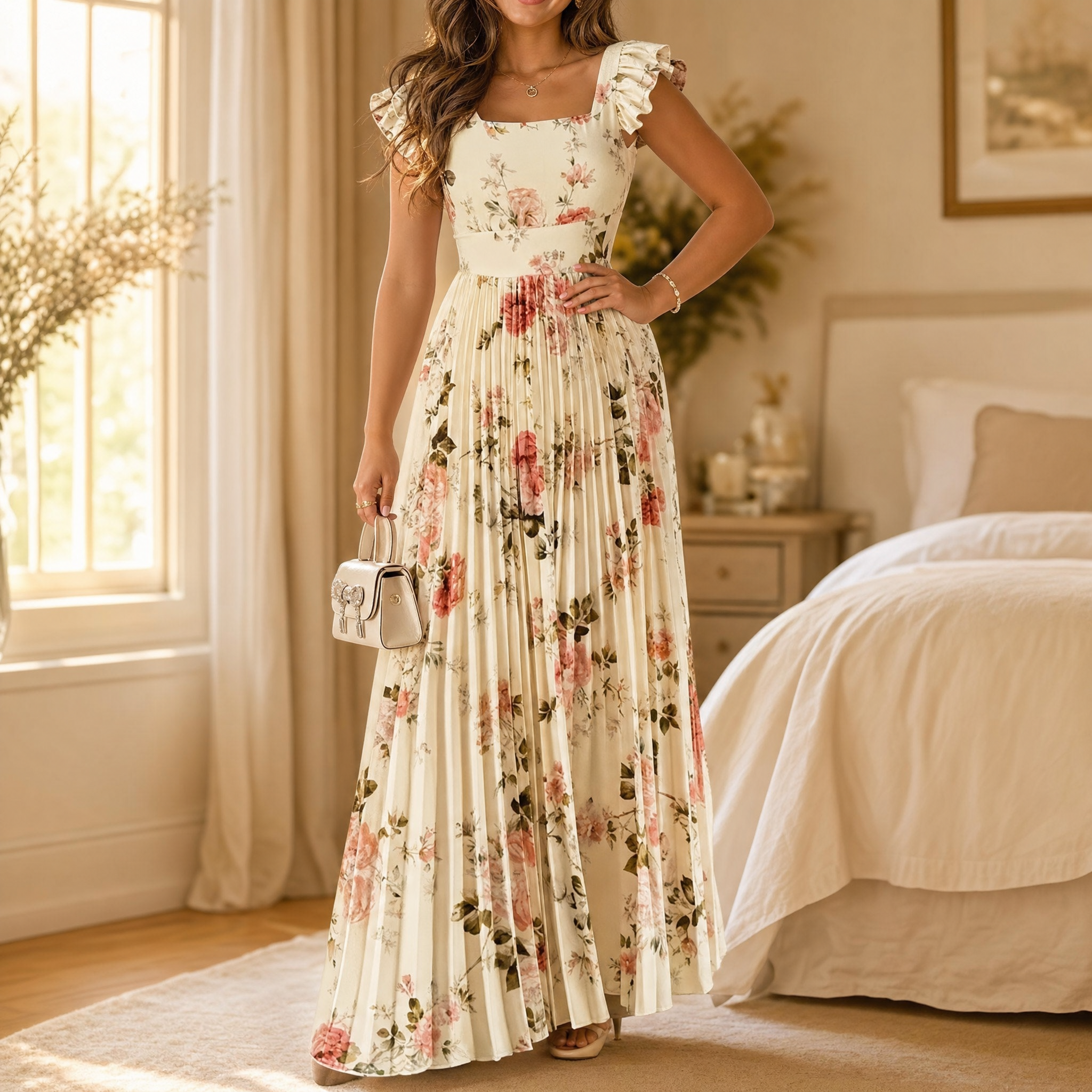 Florelle – Women's Square-Neck Floral Pleated Maxi Dress