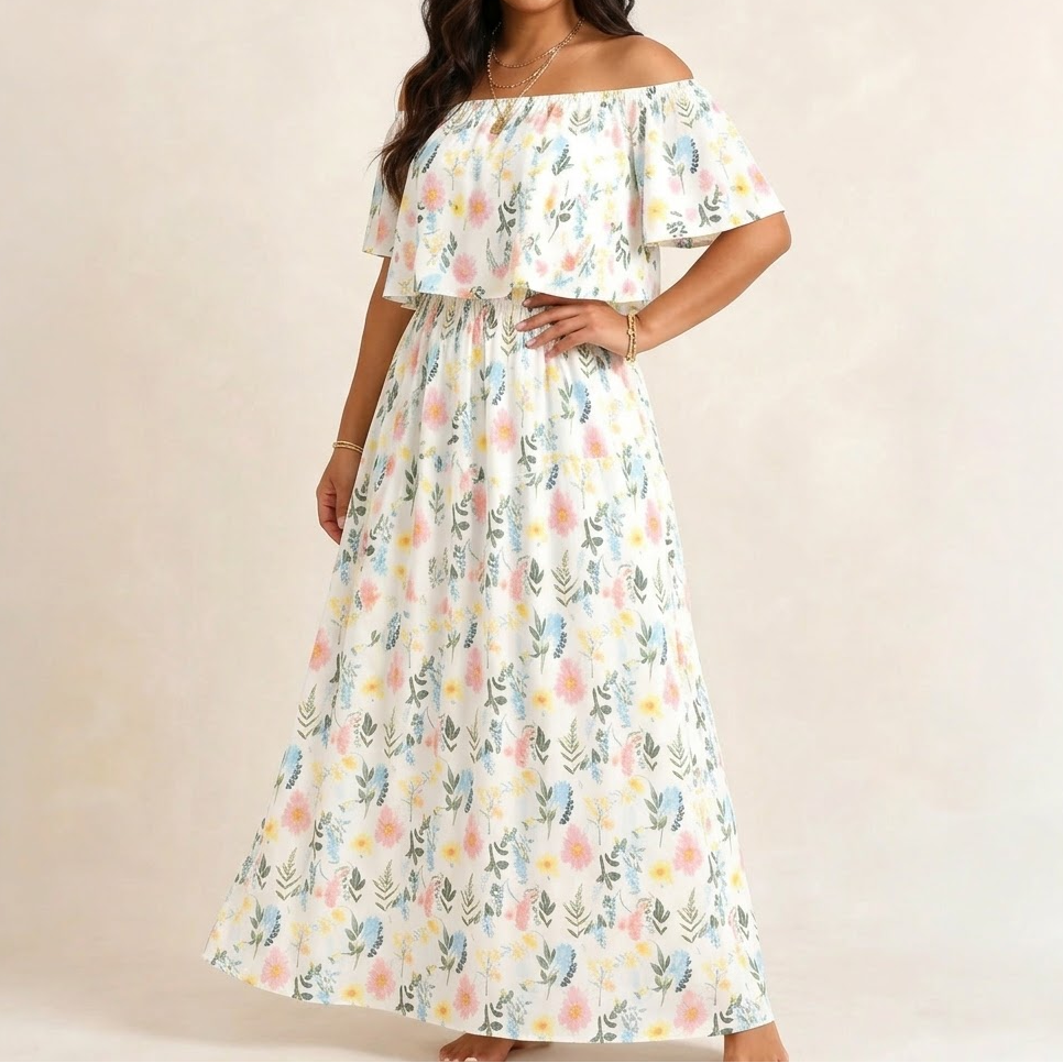Florevia – Women's Off-Shoulder Floral Maxi Dress with Pockets