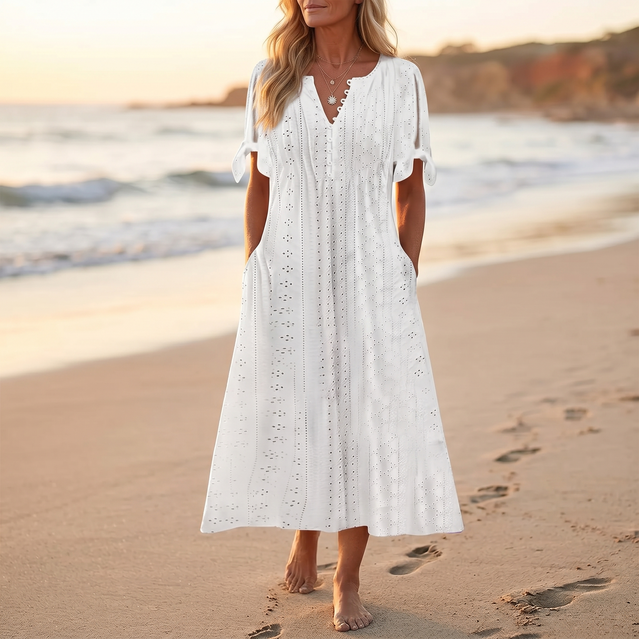 Florenza – Women's Eyelet Midi Dress with Tie-Bow Sleeves