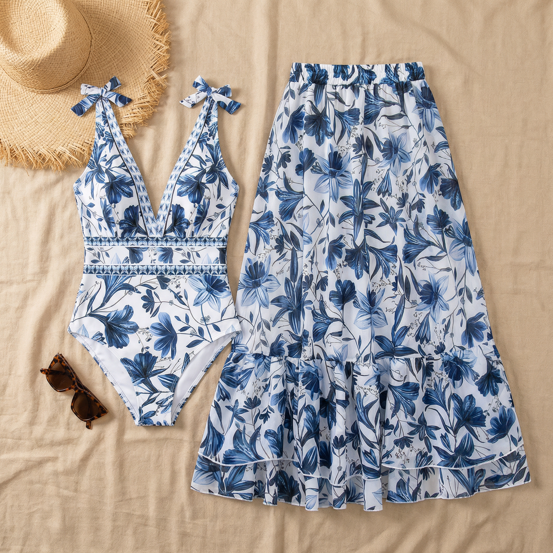 Coralina – Floral Swimsuit and Matching Skirt Set