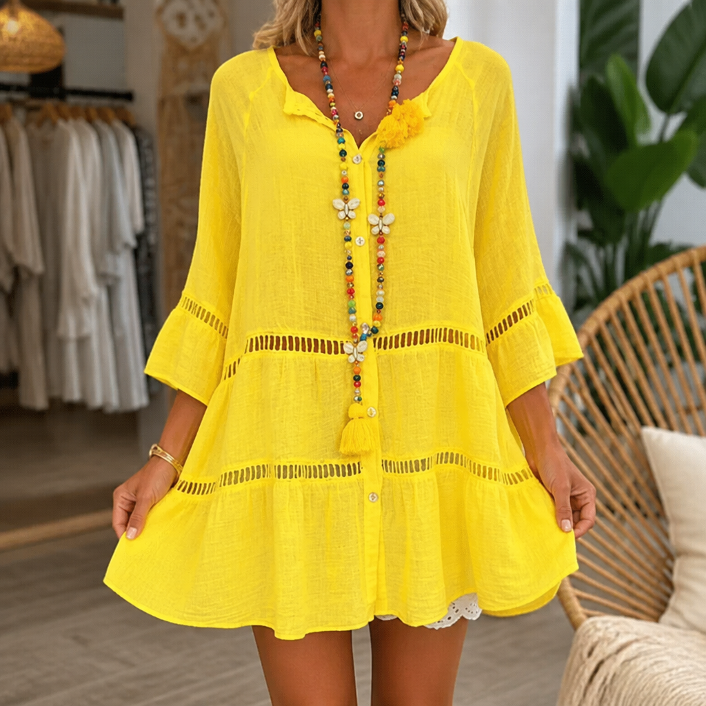 Linella – Crochet-Trim Button-Front Tunic Dress
