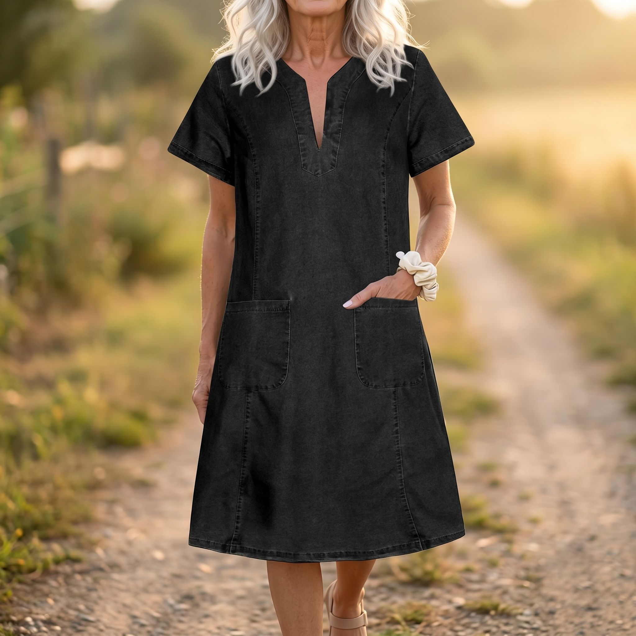 Aurelene – Women's V-Neck Denim Dress with Pockets