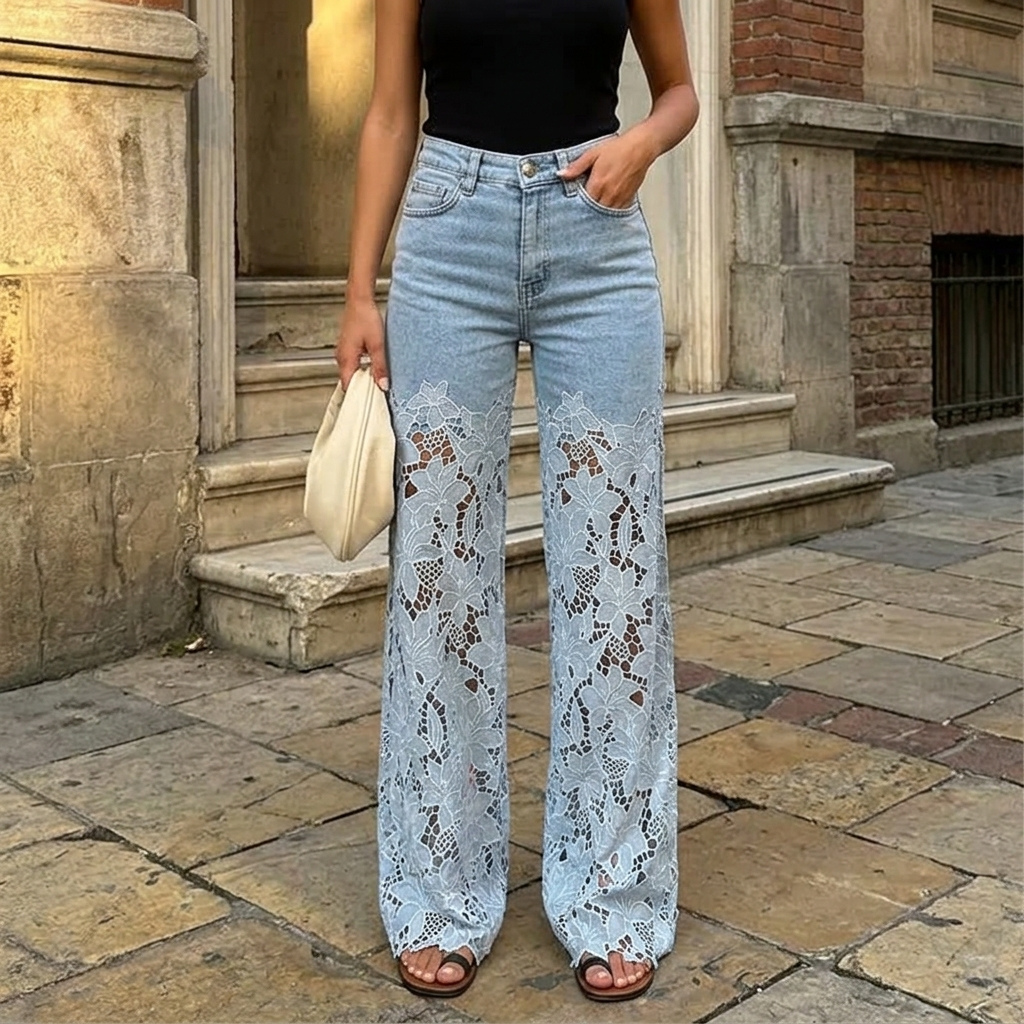 Laceveil – Women's Floral Lace Patchwork Wide Leg Jeans