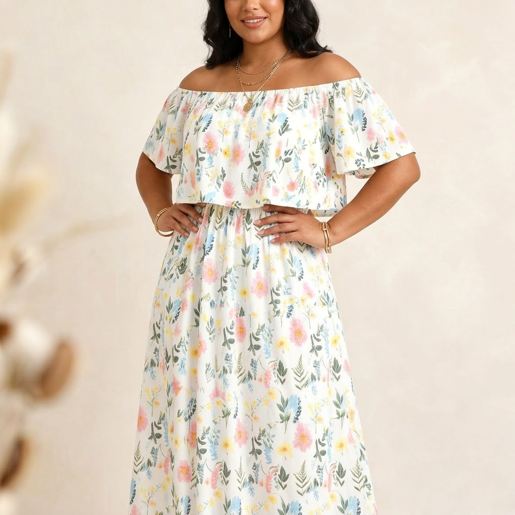 Florevia – Women's Off-Shoulder Floral Maxi Dress with Pockets