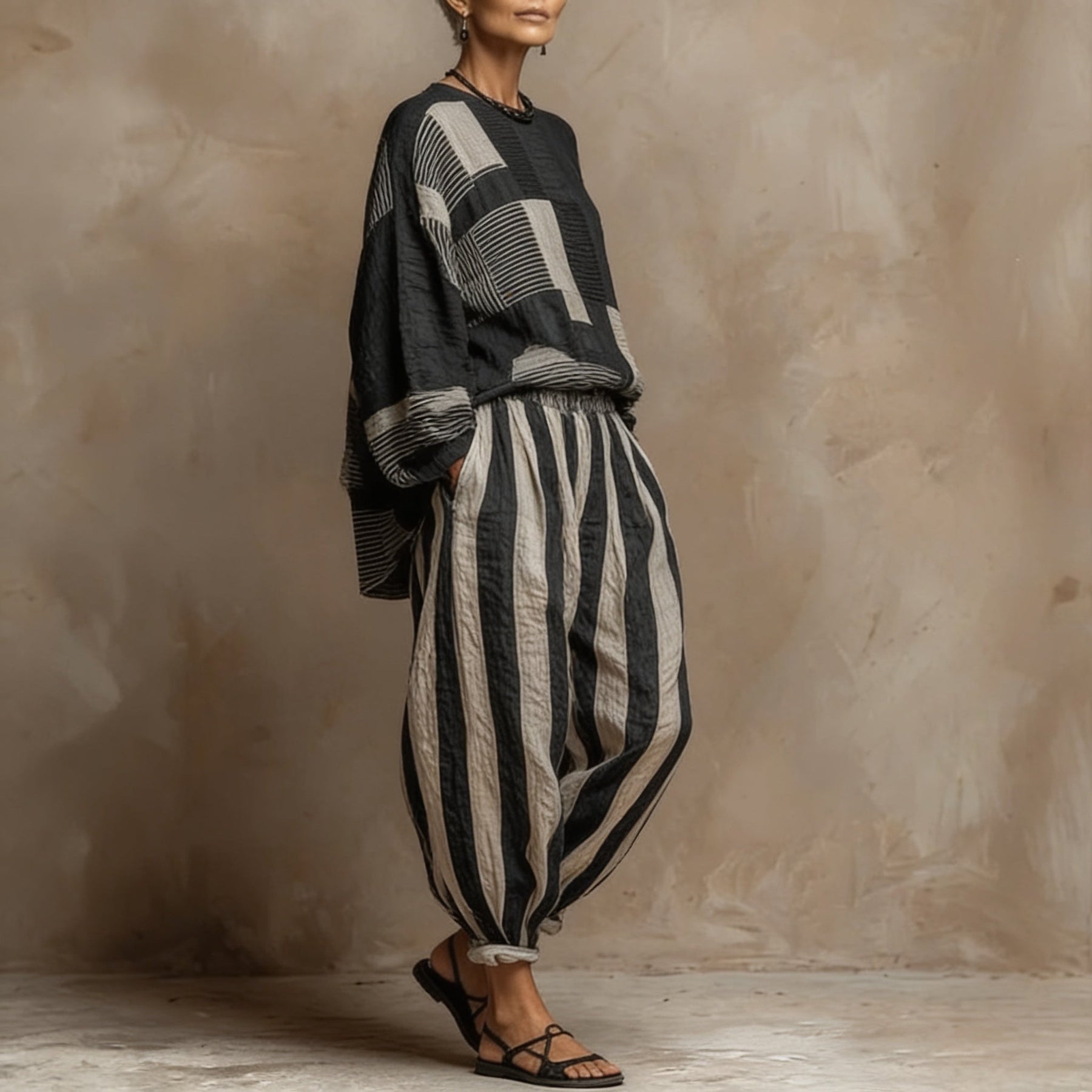 Loungefit – Color-Block Loose-Fit Two-Piece Set
