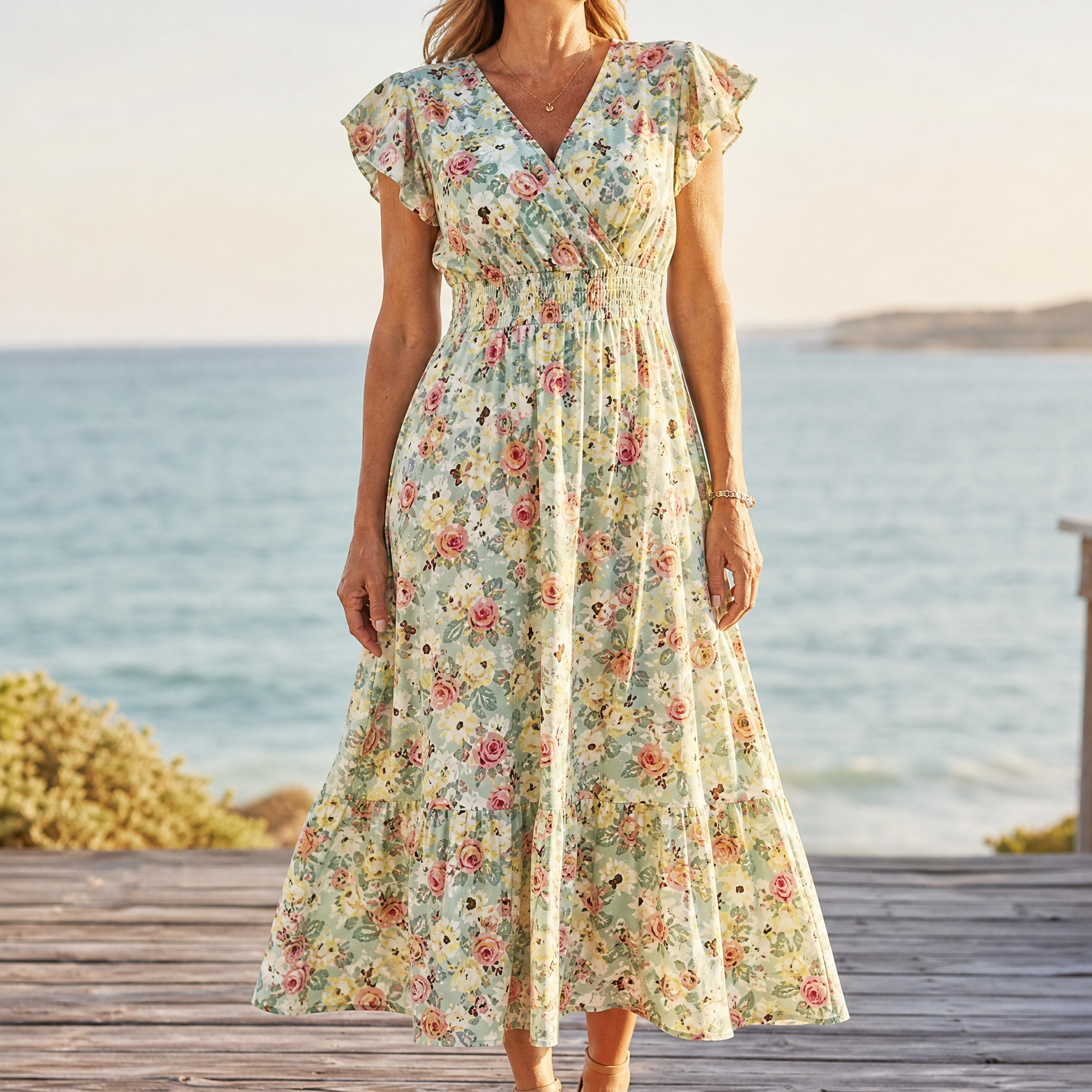 Florenza – Women's Floral V-Neck Smocked Midi Dress