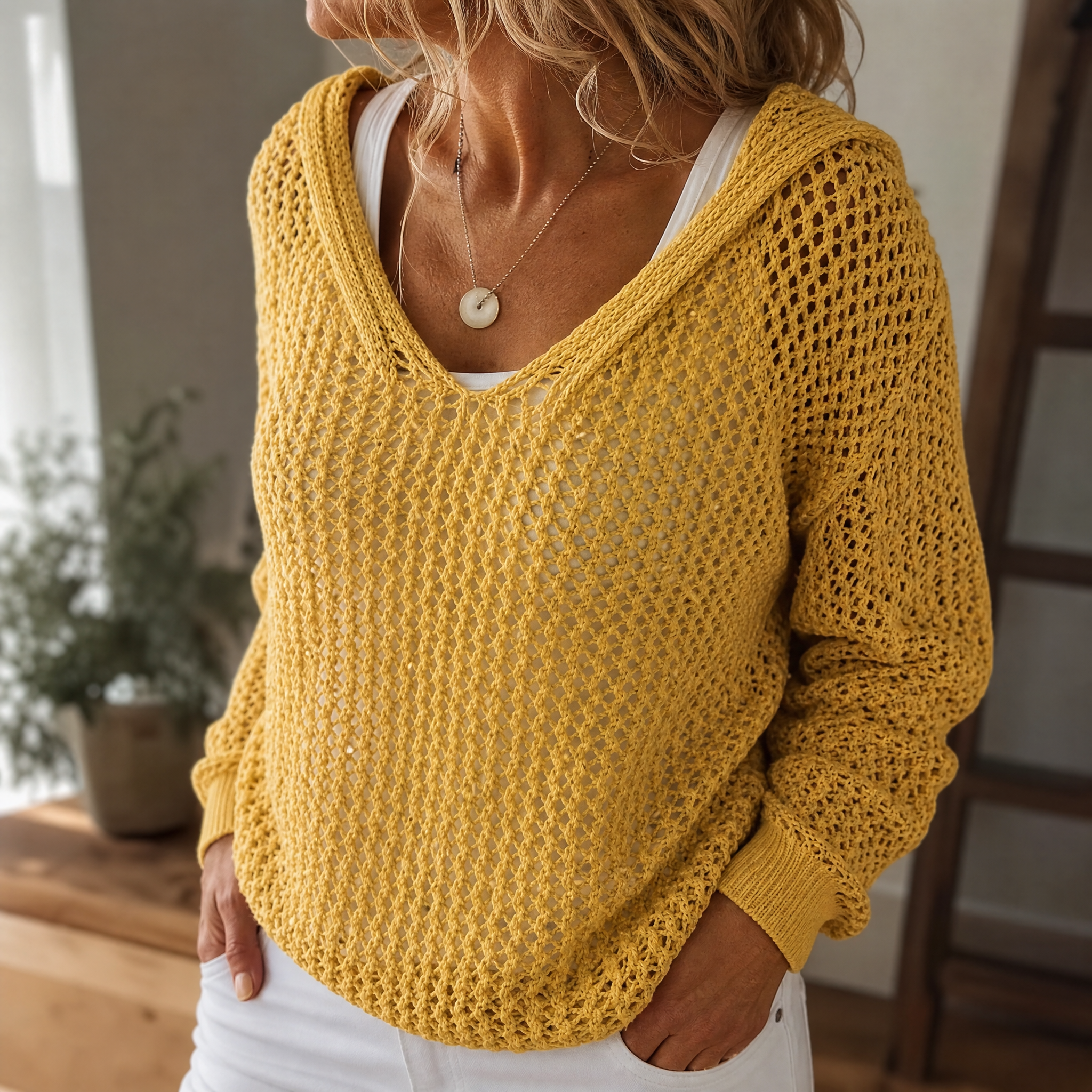 Delyne – Women's Open-Knit Hooded Pullover