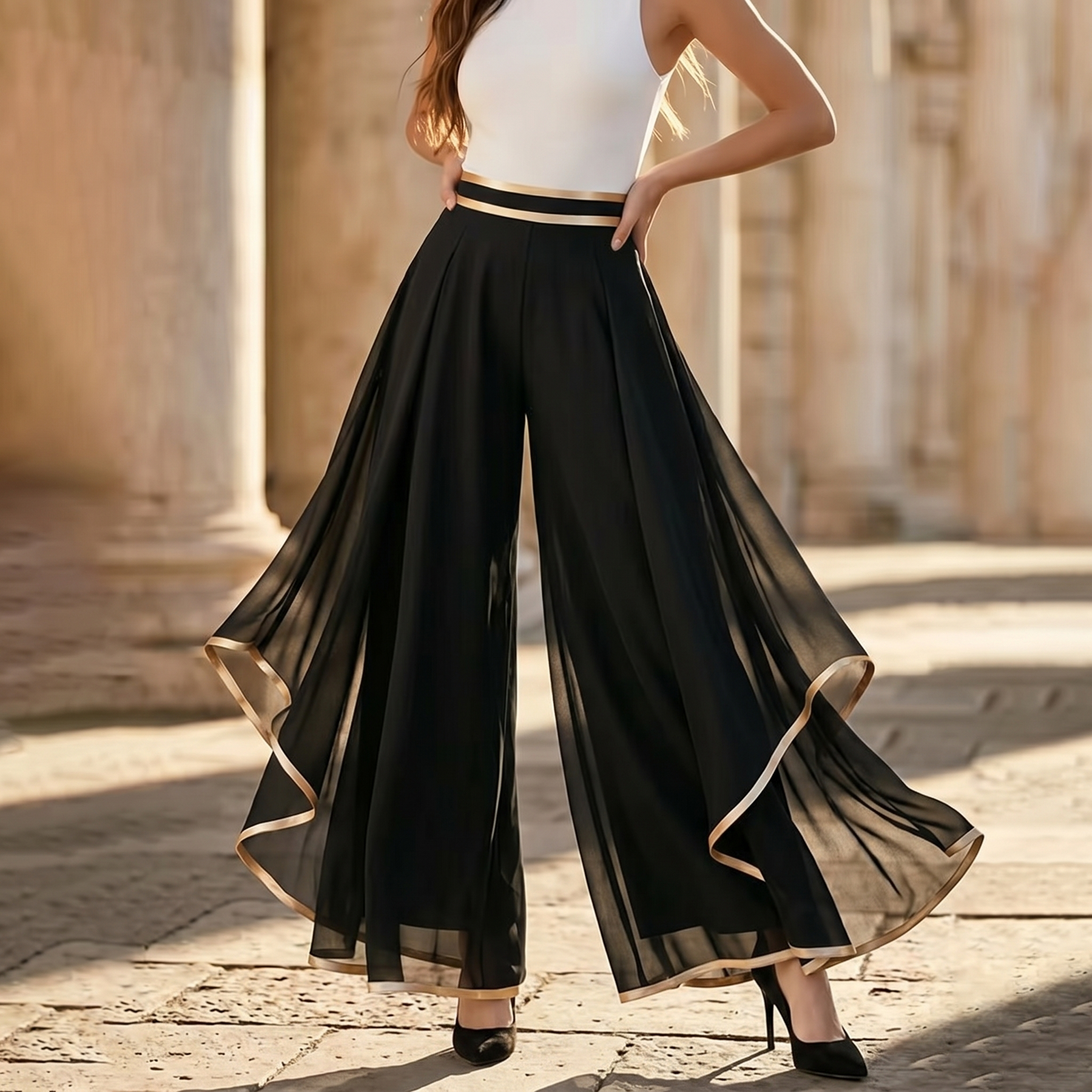 Florenza – Wide-Leg Pants with Gold Trim