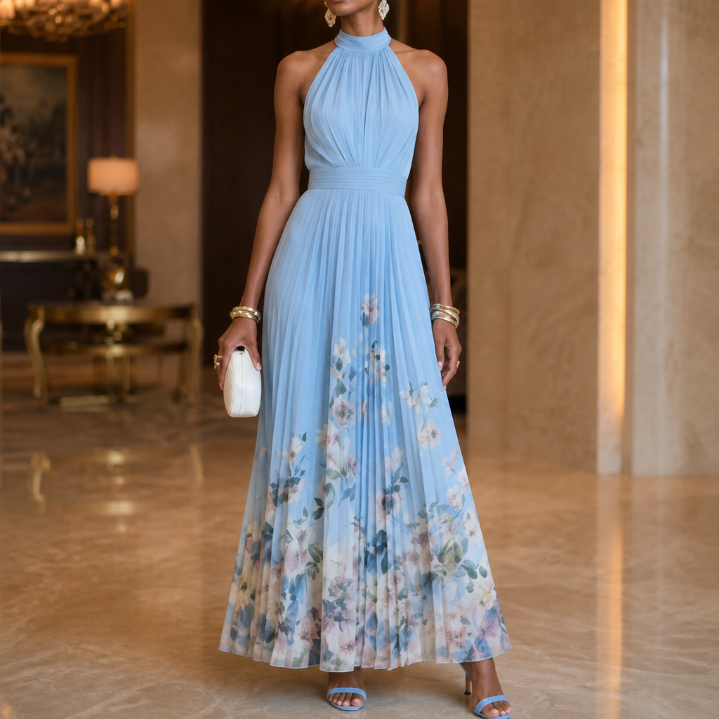 Corima – Halter Bow-Back Pleated Maxi Dress