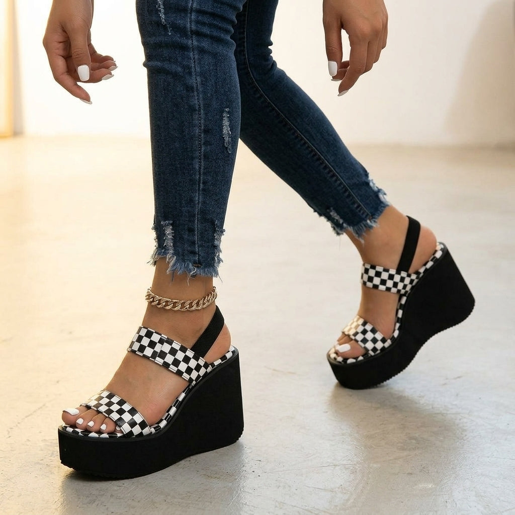 Livia – Checkered Platform Wedge Sandals