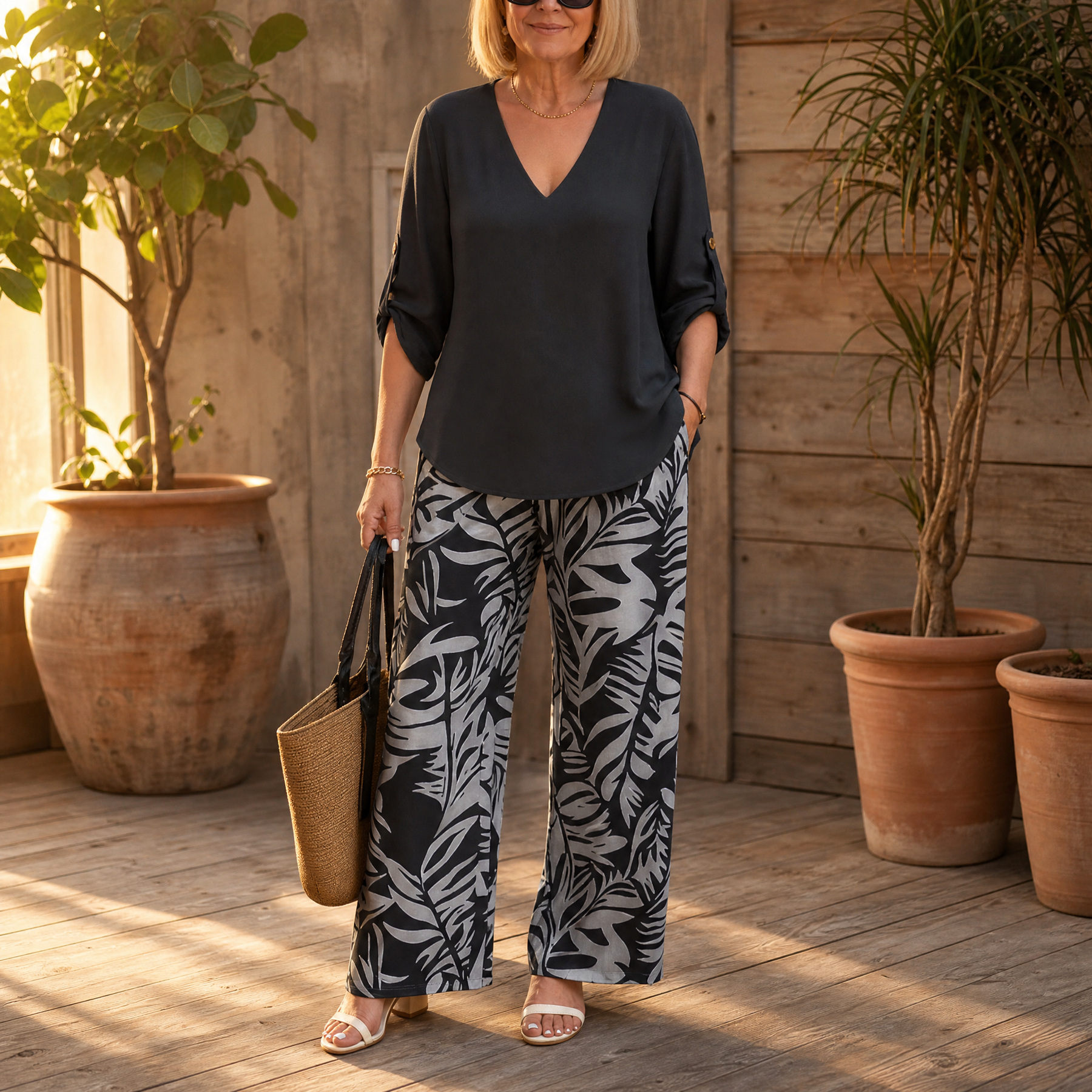 Lark & Palm – Women's V-Neck Top & Leaf-Print Wide-Leg Pants Set