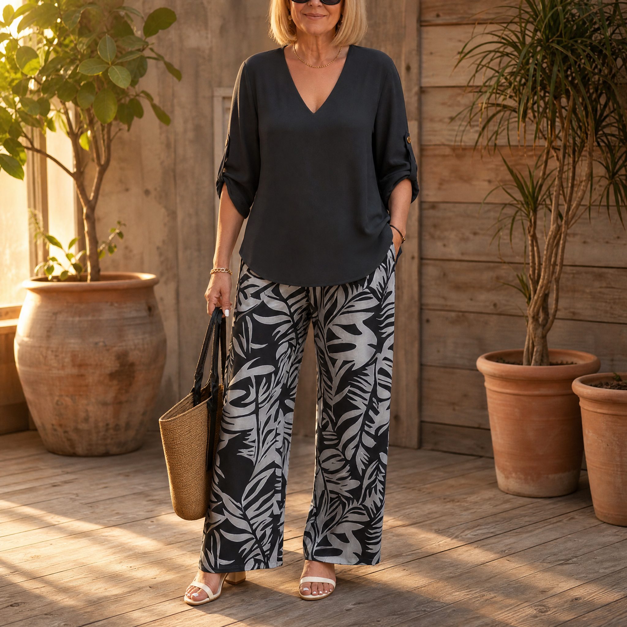 Lark & Palm – Women's V-Neck Top & Leaf-Print Wide-Leg Pants Set