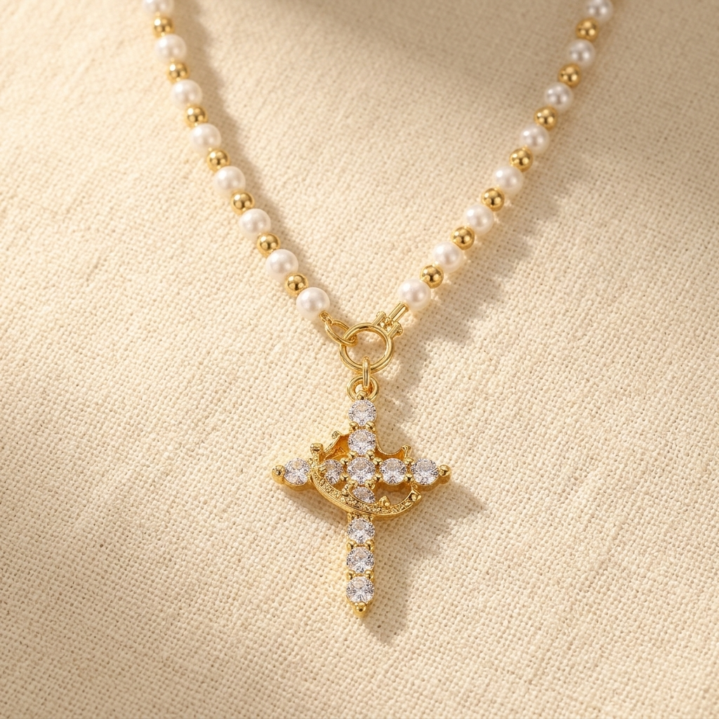 Crownara – Crown Cross Pearl Bead Necklace