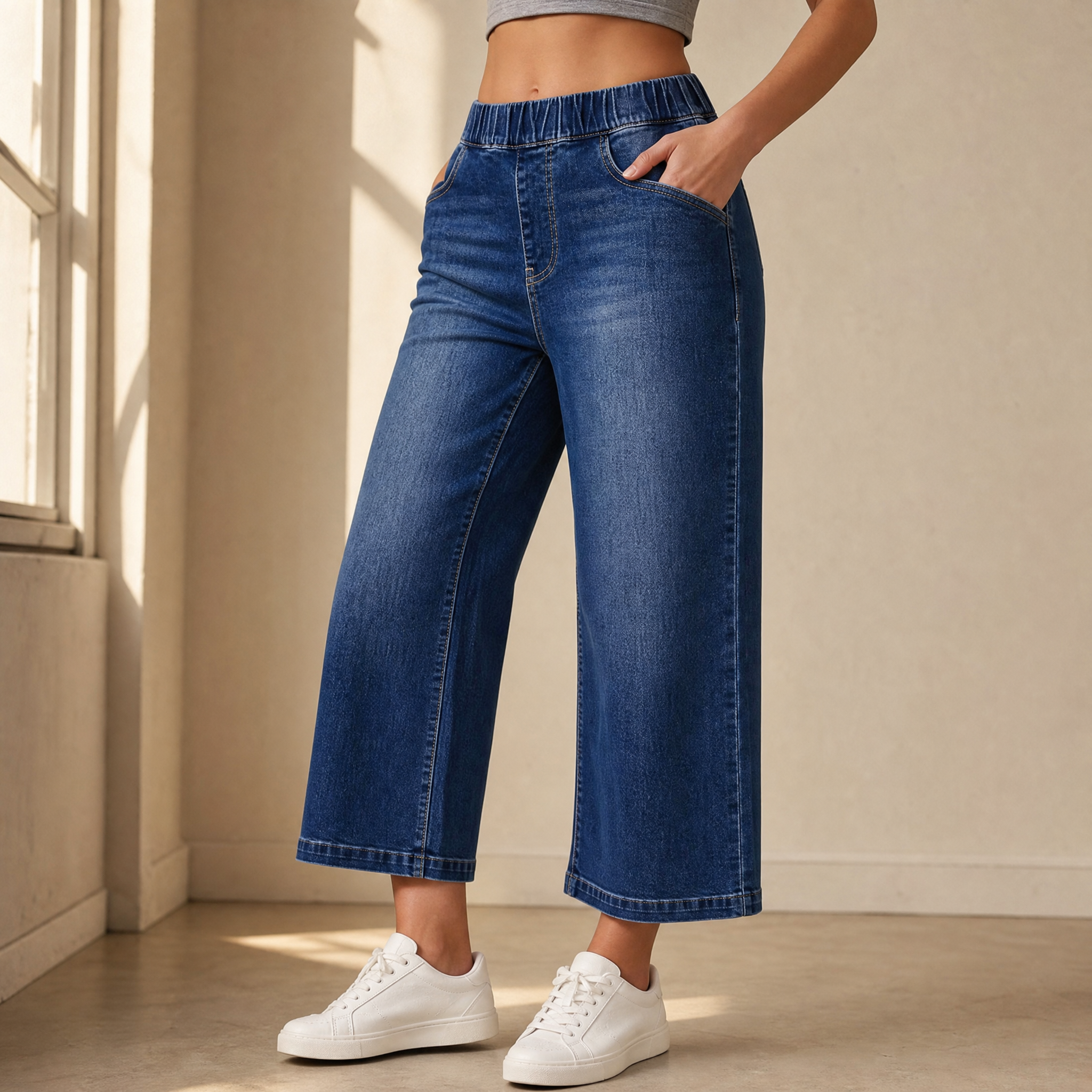 Lounette Elastic-Waist Cropped Denim Jeans for All-Day Comfort
