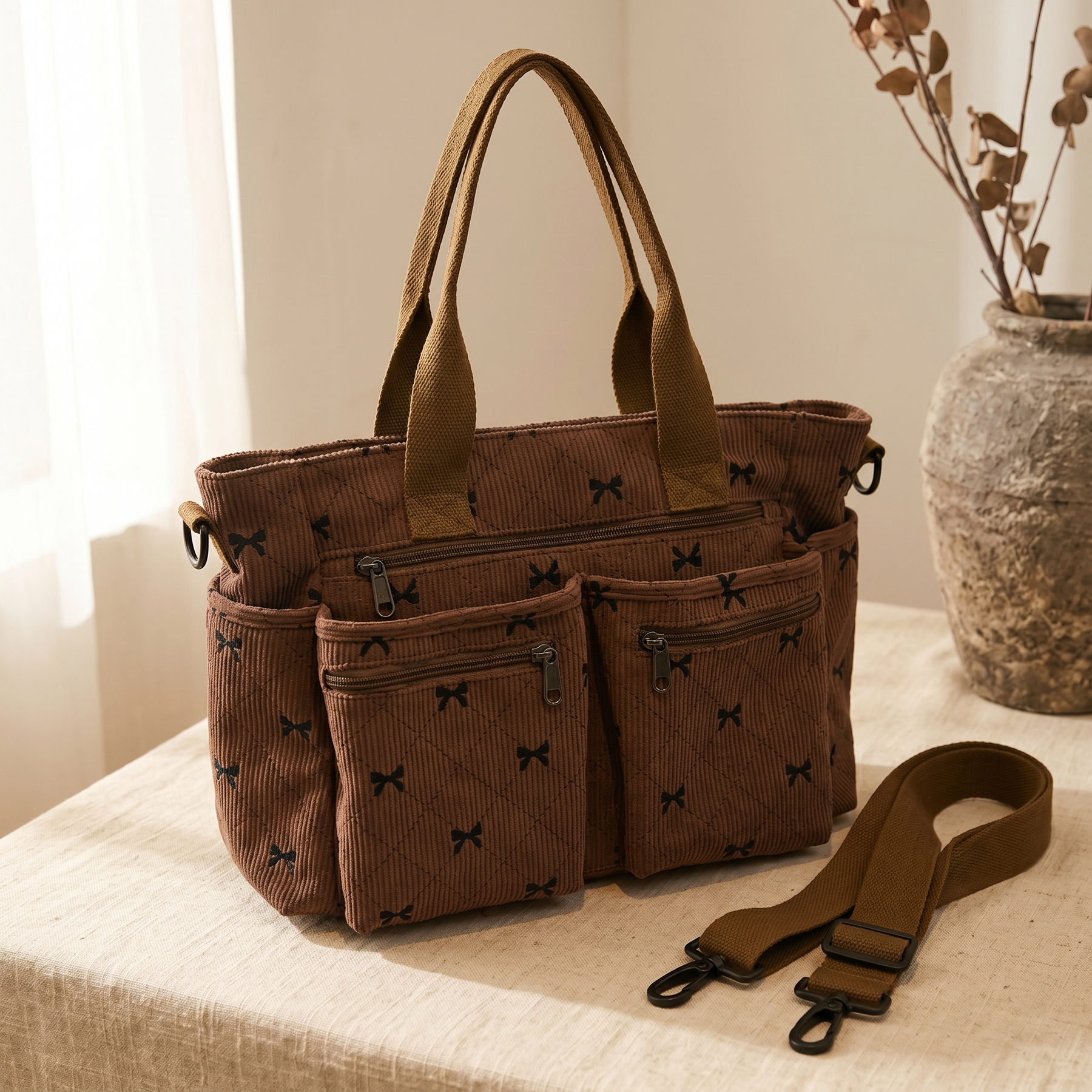 Bowette – Corduroy Bow-Print Tote with Laptop Pocket