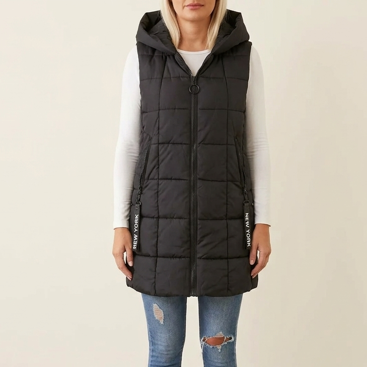 Covara – Long Quilted Puffer Vest with Hood