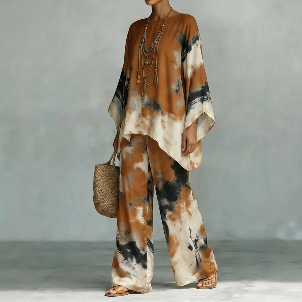 Aterra – Artistic Watercolor Tunic and Wide Leg Pants Set