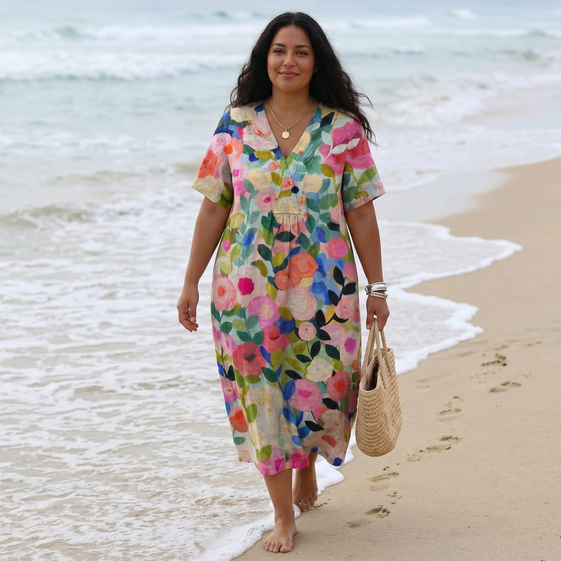 Florenza – Women's Painted Floral Plus-Size Midi Dress