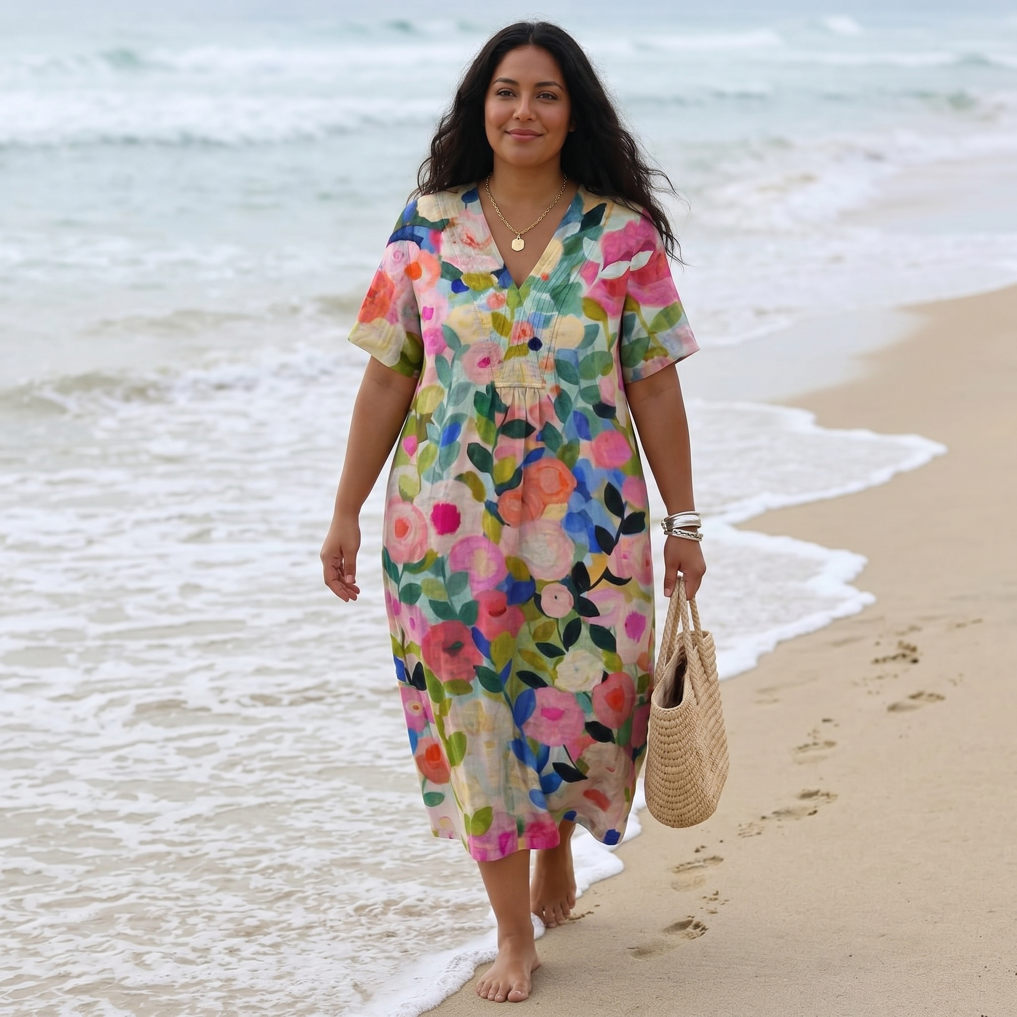 Florenza – Women's Painted Floral Plus-Size Midi Dress
