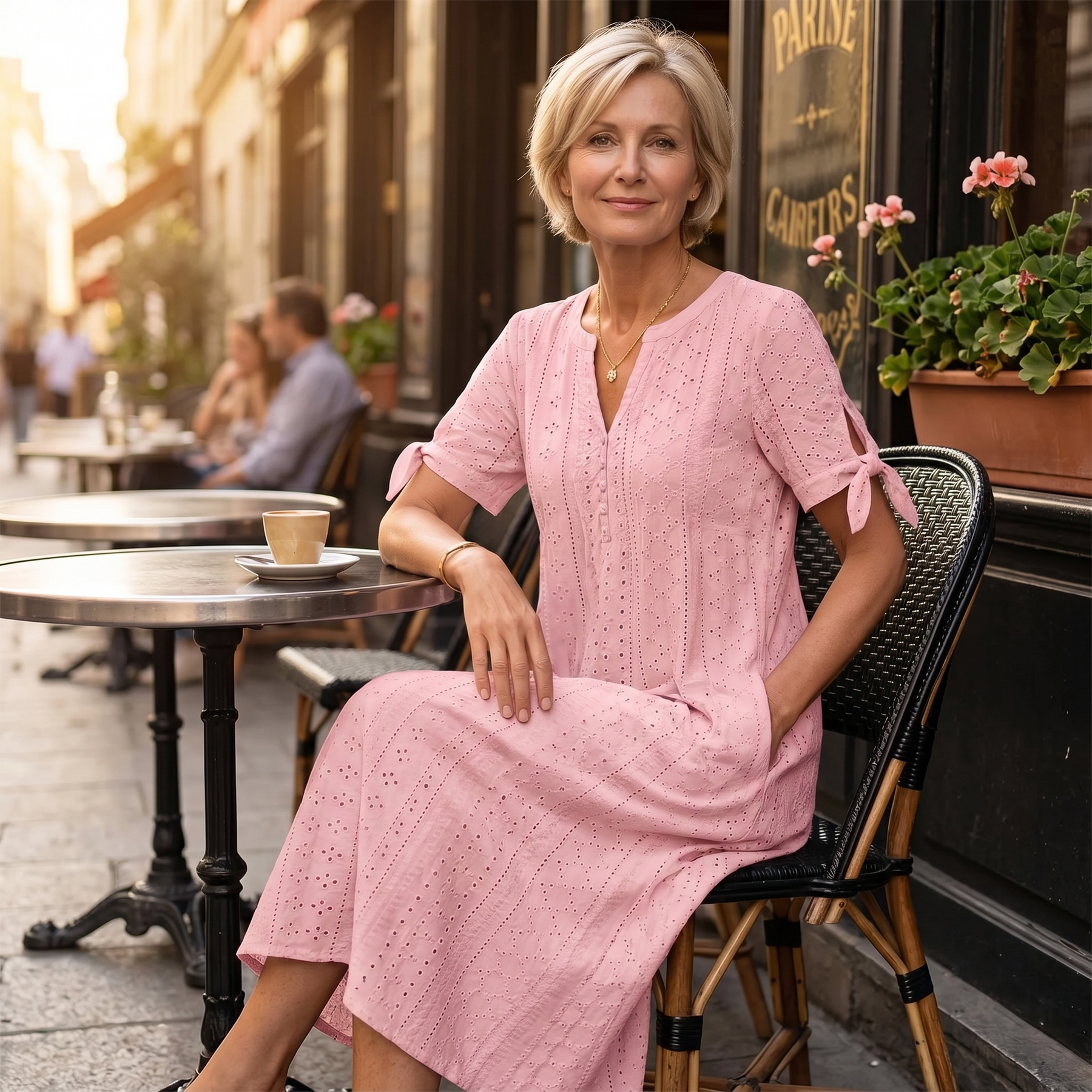 Florenza – Women's Eyelet Midi Dress with Tie-Bow Sleeves