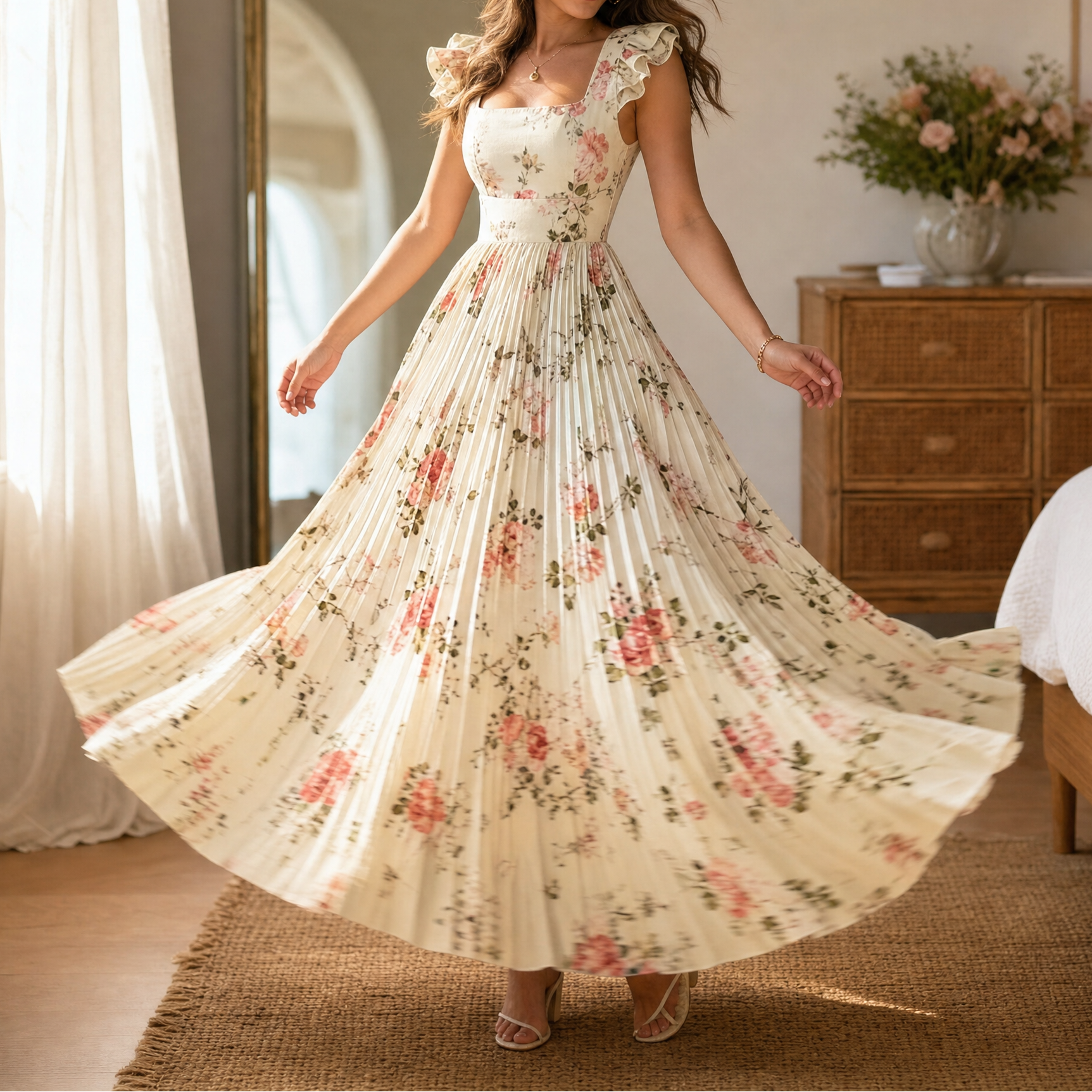 Florelle – Women's Square-Neck Floral Pleated Maxi Dress