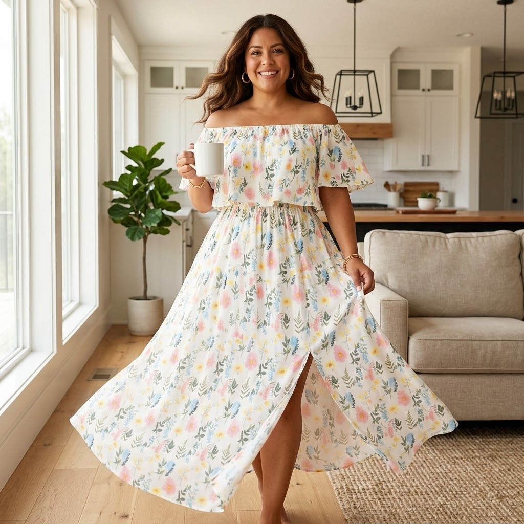 Florevia – Women's Off-Shoulder Floral Maxi Dress with Pockets