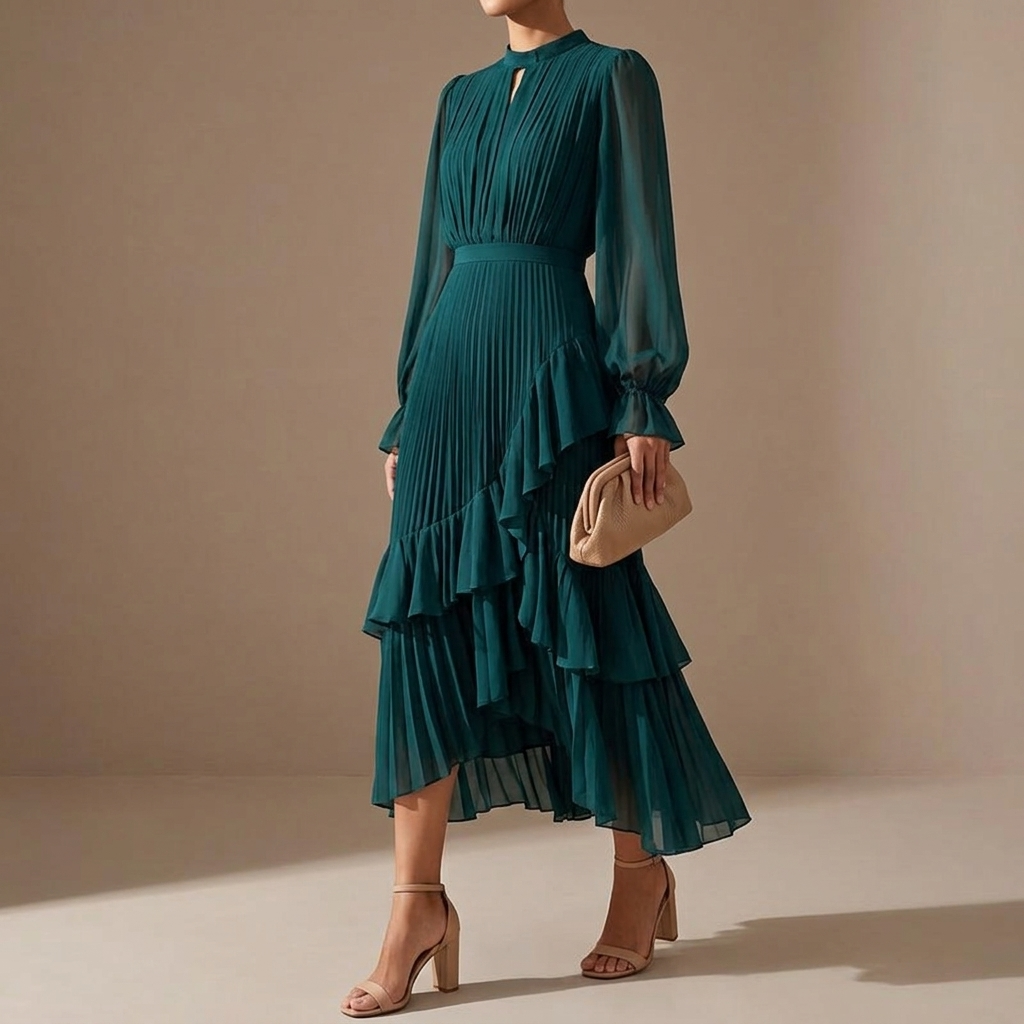 Keyfa – Women's Pleated Ruffle Midi Dress