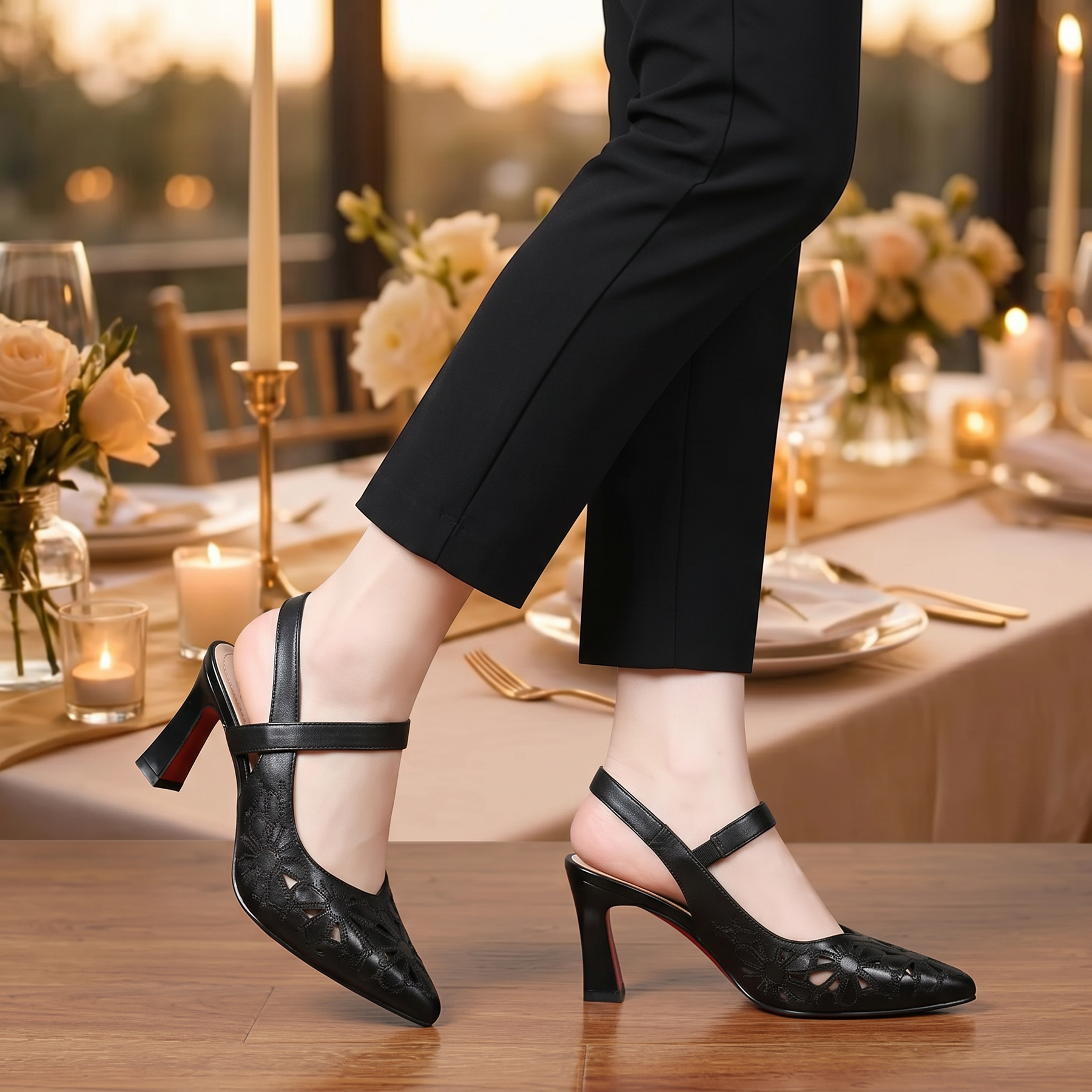 Floriva – Floral Cut-Out Pointed-Toe Slingback Heels