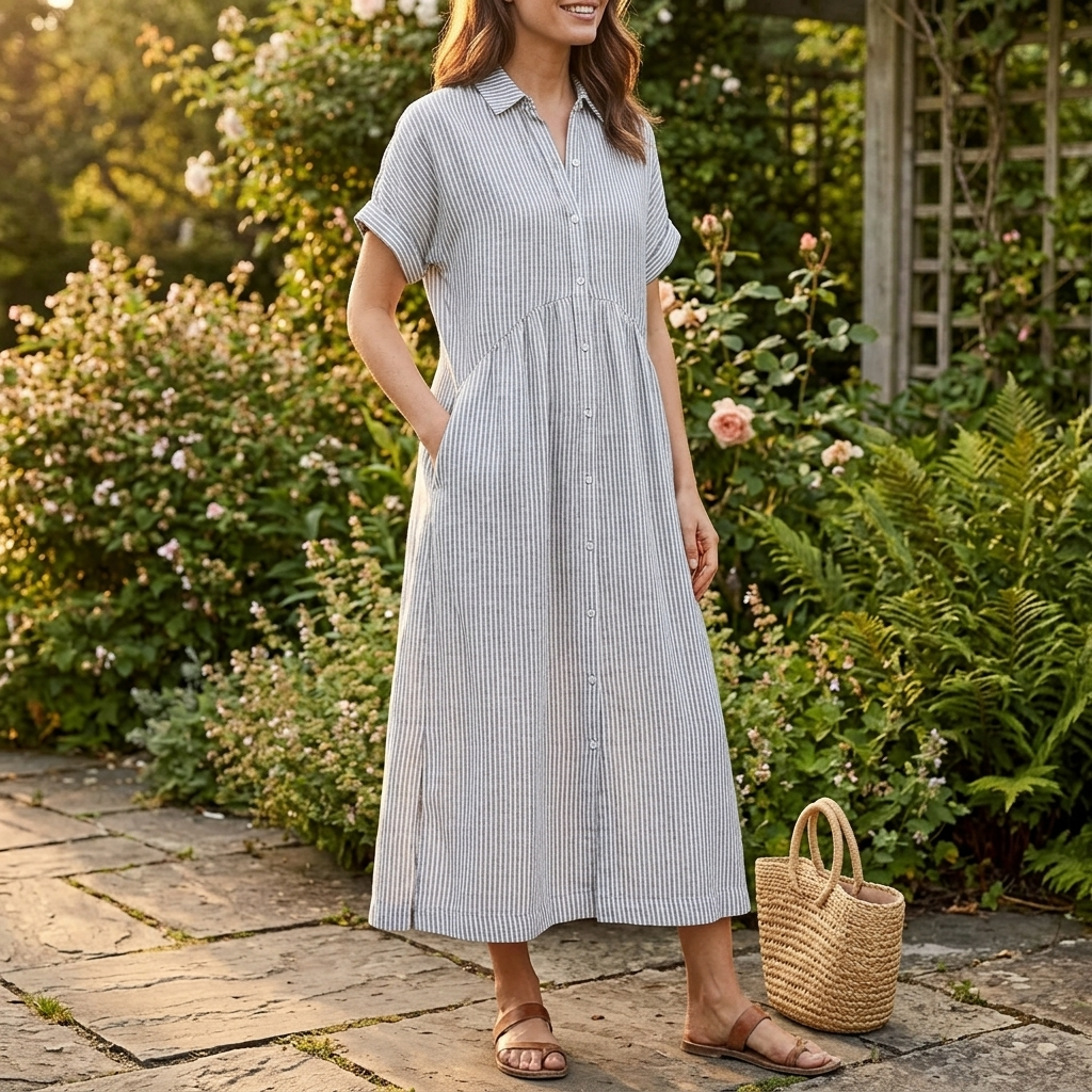 Linara - Striped Midi Shirt Dress with Pockets