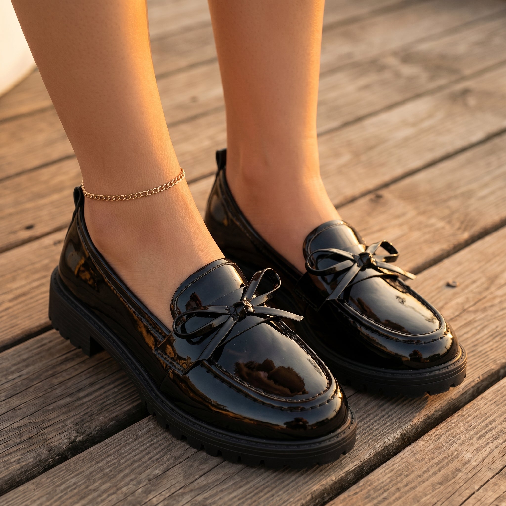 Bowella – Glossy Bow Loafers with Cushioned Platform
