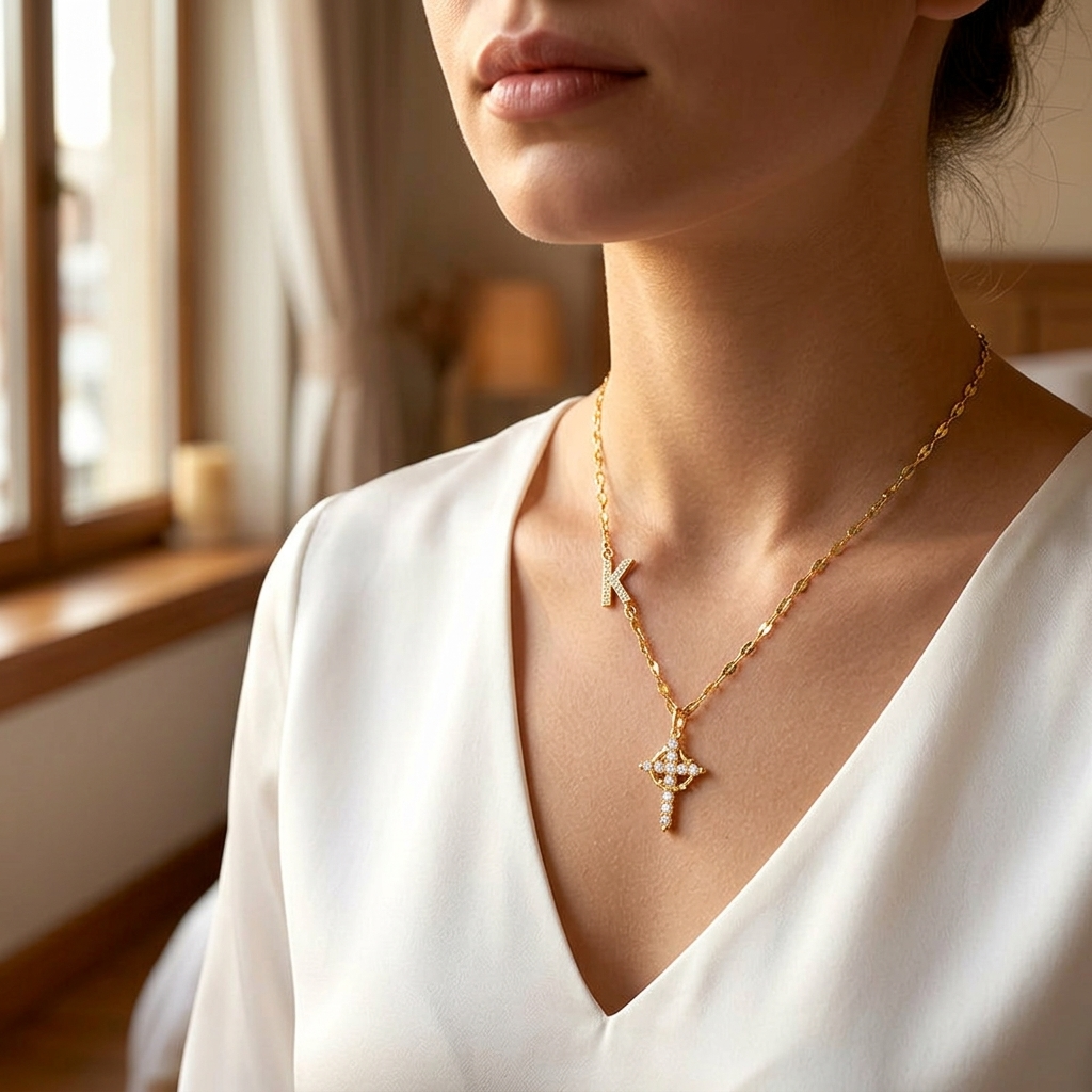 Aurela – Sparkling Initial Cross Necklace