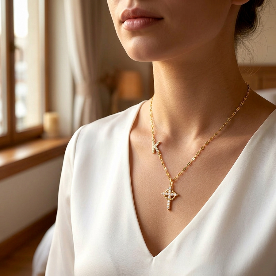 Aurela – Sparkling Initial Cross Necklace