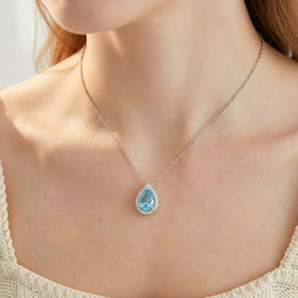 Lunaire - Aqua Blue Teardrop Pendant Necklace