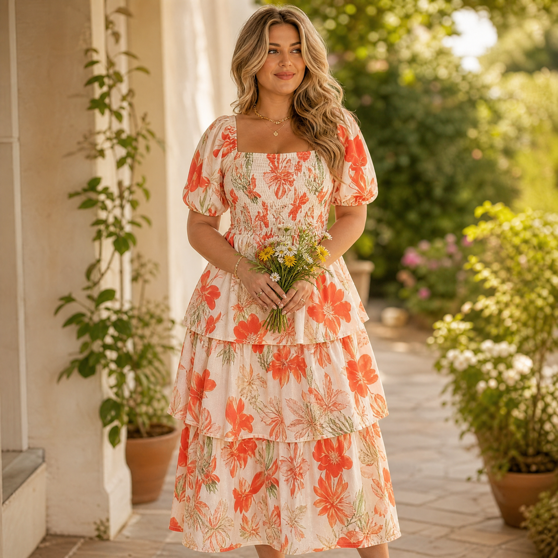 Florenza – Women's Smocked Square-Neck Floral Maxi Dress