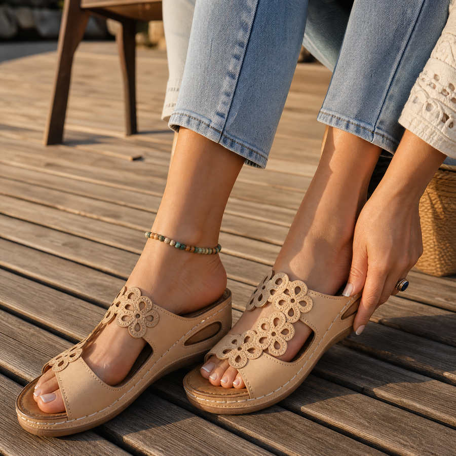 BreezeWalk – Cushioned Floral Wedge Sandals
