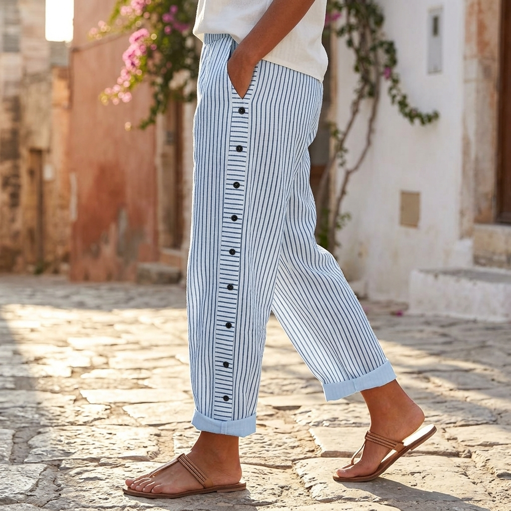 Coastlyn – Women's Striped Pants with Button Trim