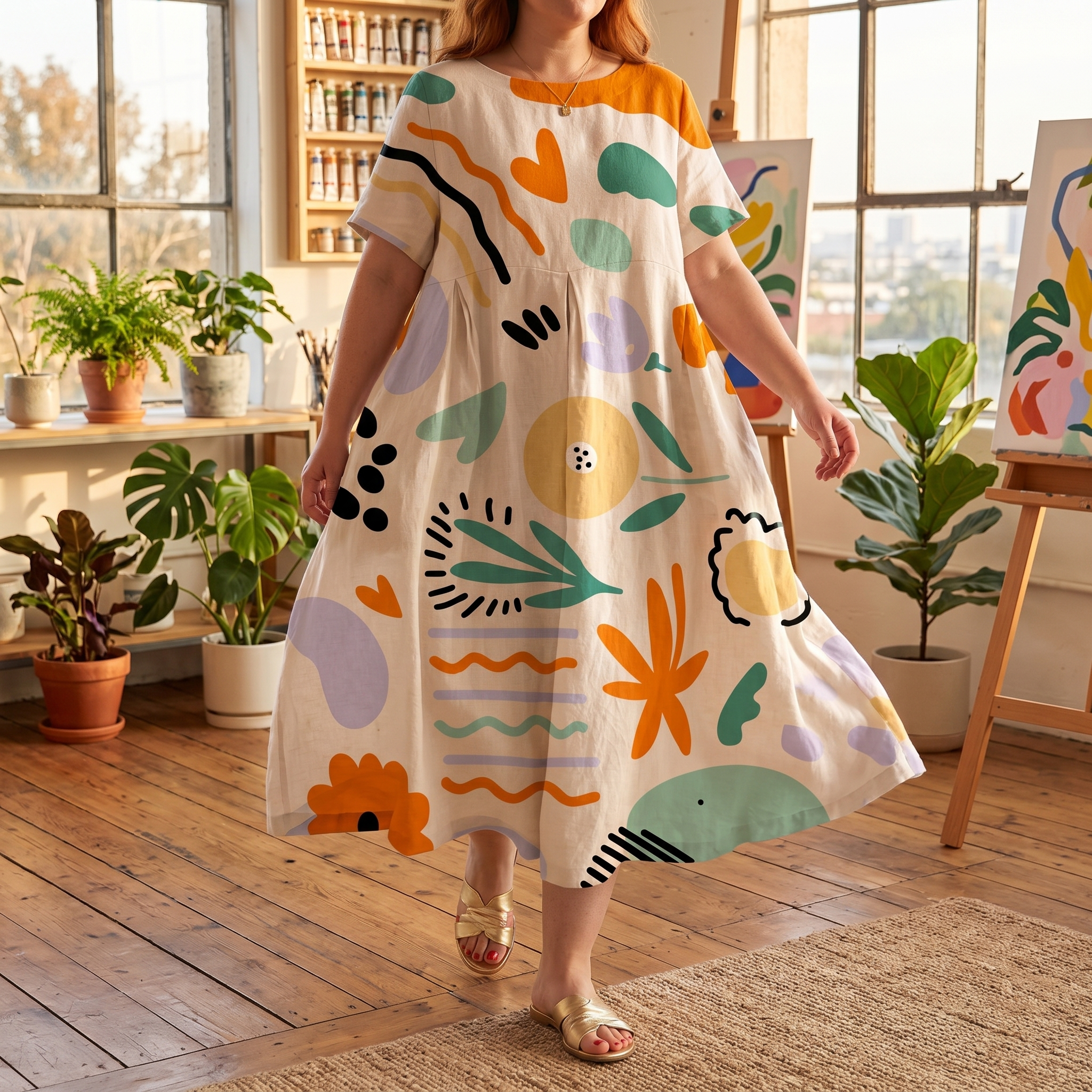 Luna – Women's Artsy Print Plus-Size Midi Dress