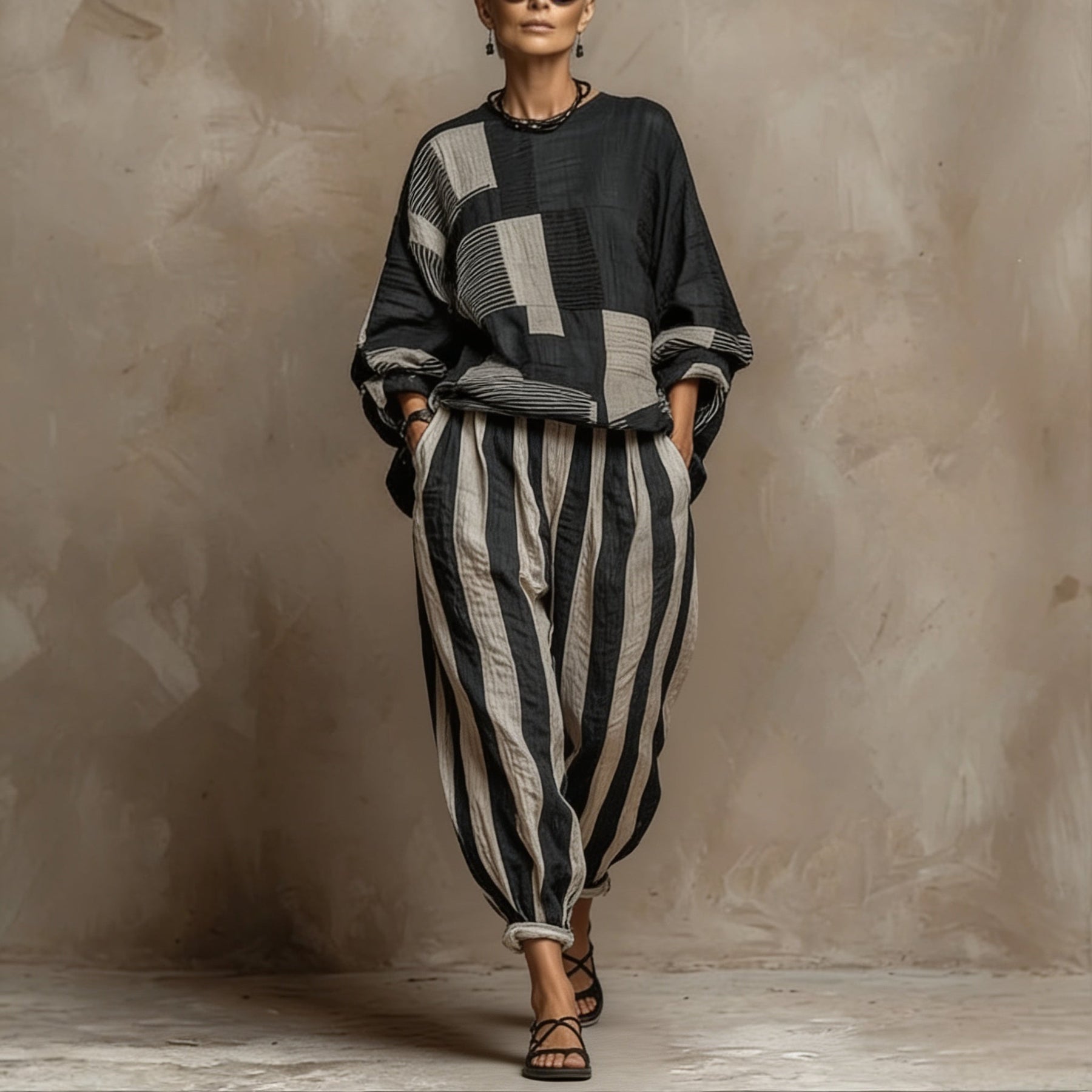 Loungefit – Color-Block Loose-Fit Two-Piece Set