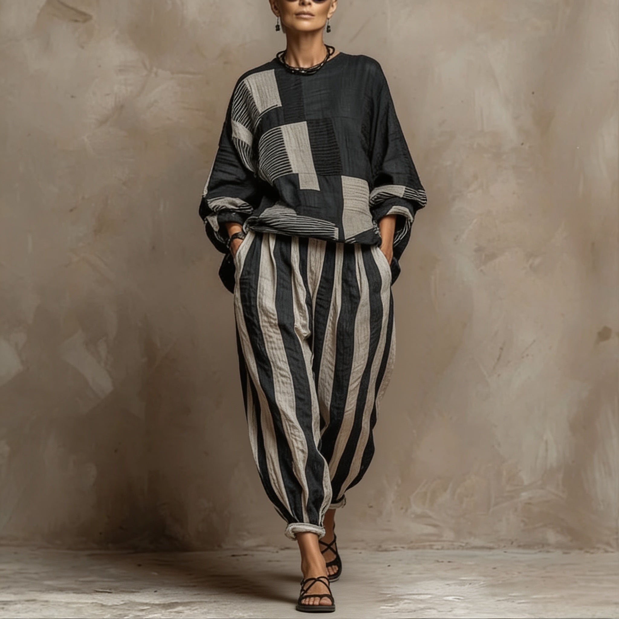 Loungefit – Color-Block Loose-Fit Two-Piece Set